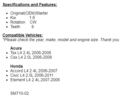 For Acura TSX (2.4) CSX 2006-2008 (2.0L), 2007-2008 Honda Element Starter