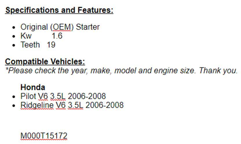 For Honda Pilot Ridgeline 2006 2007 2008 (3.5) Starter
