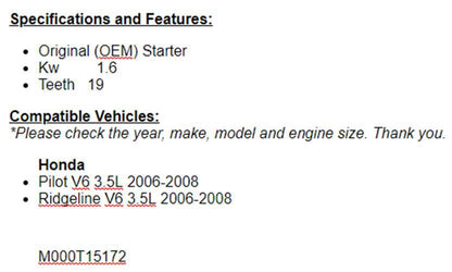 For Honda Pilot Ridgeline 2006 2007 2008 (3.5) Starter
