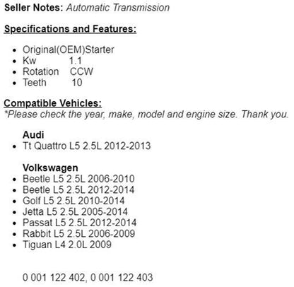 For Audi TT Quattro 2012 2013, 20062008 2009 VW Rabbit 2.5 Starter (Automatic)