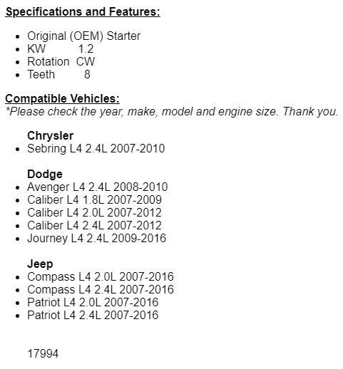 New Starter For 2008 2009 2010 Dodge Avenger, Chrysler Sebring 2007-2010