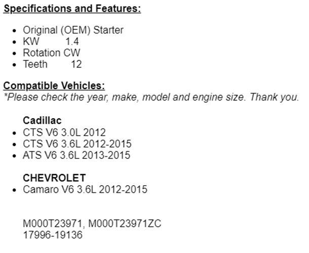 New Starter For 2012 2013 2014 2015 Cadillac CTS Chevy Camaro (3.6L)