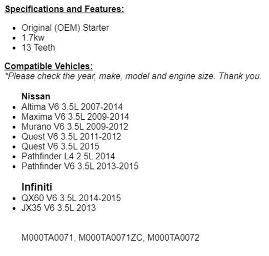 OEM Starter For Nissan Altima 2007-2014, Maxima 2009-2011 2012 2013 2014 3.5L