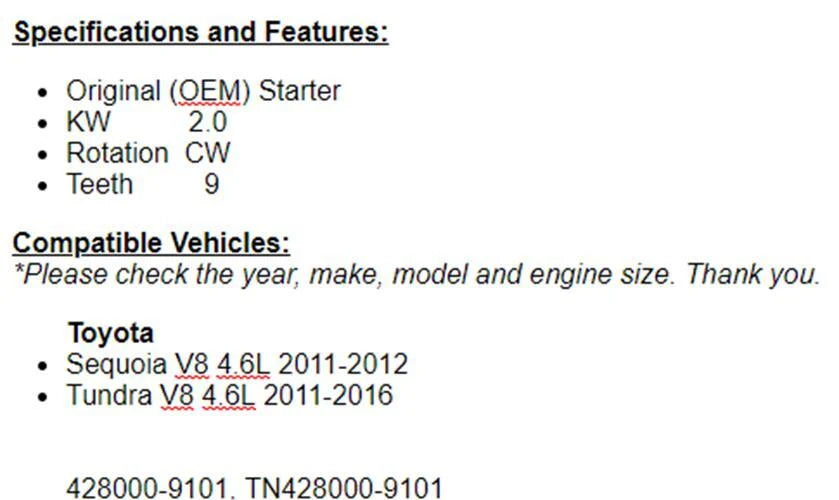 For Toyota Sequoia 2011-2012 , 2011-2013 2014-2016 Tundra 4.6L 2.0KW Starter