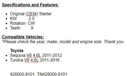 Starter For 2011-2013 2014-2016 Tundra 4.6L, Toyota Sequoia 2011-2012 2.0KW