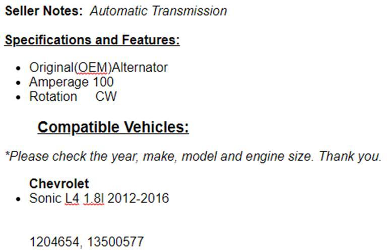 OEM Alternator For Chevrolet Sonic 2012-13 2014 2015 2016 1.8L Automatic
