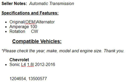 OEM Alternator For Chevrolet Sonic 2012-13 2014 2015 2016 1.8L Automatic