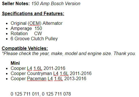 New Alternator For Cooper Paceman 2013-2016, Mini Cooper Countryman 2011-2015