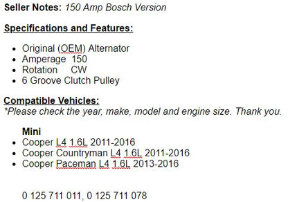 New Alternator For Cooper Paceman 2013-2016, Mini Cooper Countryman 2011-2015
