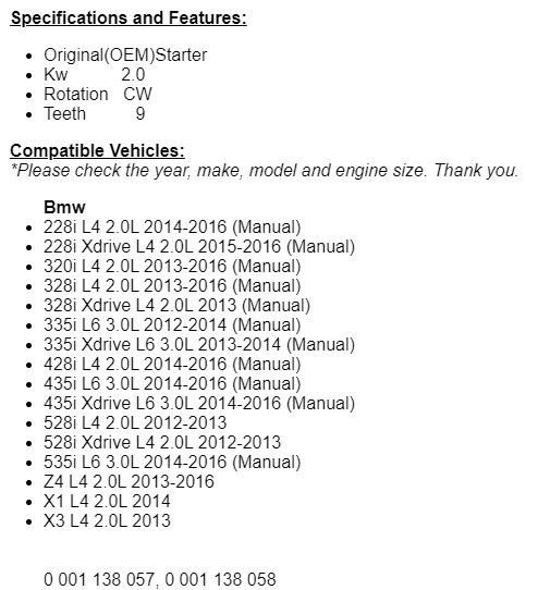 Starter for BMW 228i 328i 2013-2016 335i 2012-2015, 535i Manual Trans.