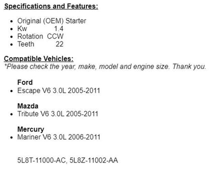 New Starter For Ford Escape, Mazda Tribute 2005 2006 2007 2008 2009-2011