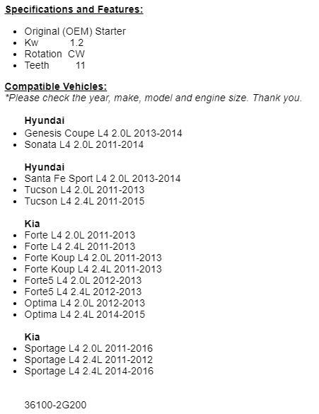 For Hyundai Sonata 2011 2012-2014, 2012-2013 Kia Optima 2.0L Starter