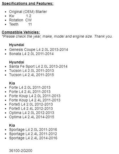 For Hyundai Sonata 2011 2012-2014, 2012-2013 Kia Optima 2.0L Starter