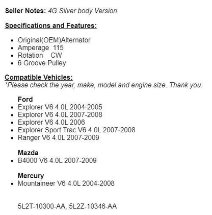 New Alternator For Ford Explorer 2004-2008, 2007-2009 Ranger